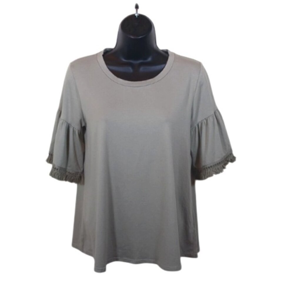 Johnny Was Calme Sage Green Bamboo Organic Cotton Flare Sleeve Fringe Boho XS